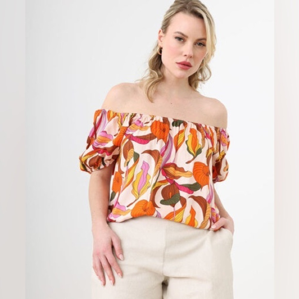 Off shoulder groovy hippy botanical floral boho blouse w retro YTK country vibe